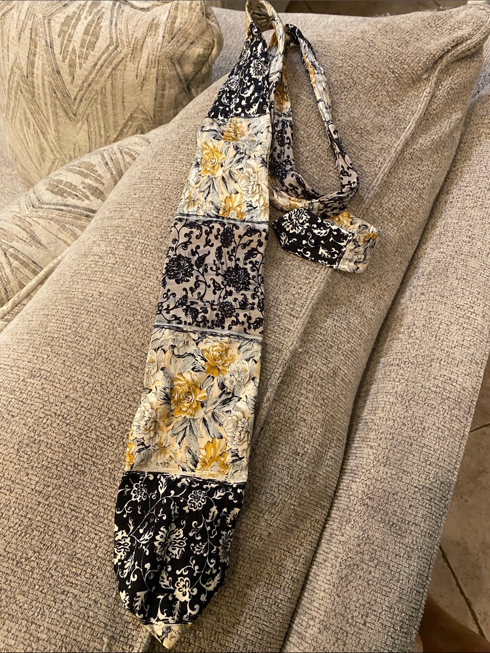 Hubert Milano mens silk tie Floral Patchwork look Yellow, Black, Cream